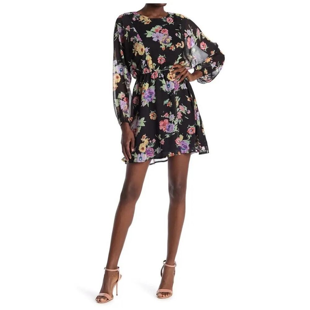 NWT Wayf Floral Long Sleeve Dress XS Black A Line Wedding Garden Girl Feminine